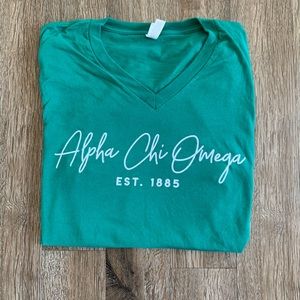 ALPHA CHI OMEGA Bright Green V-Neck Tee Size M